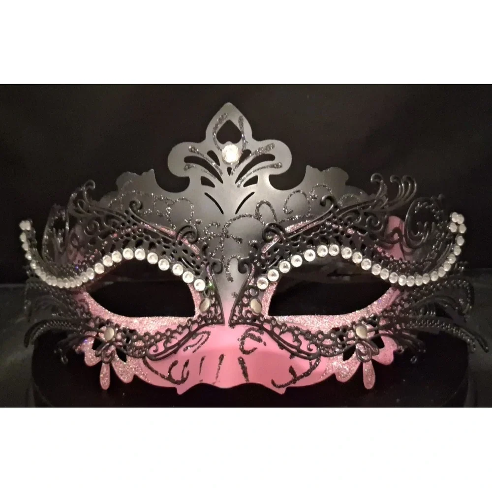 Black and Pink Laser-Cut Masquerade mask with Rhinestones Adult Size